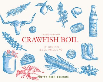 Crawfish Boil Clipart | Summer Seafood Cookout Illustrations | Hand-drawn Whimsical Blue and Red Clipart  | PNG, JPG, SVG