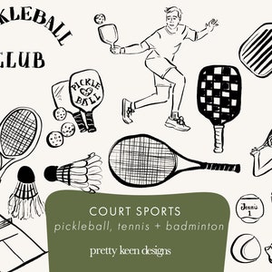 Ensemble de cliparts pickleball | Illustrations de sport sur terrain dessinées à la main | Tennis badminton pickleball SVG