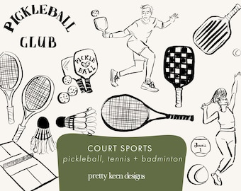 Pickleball Clip Art Set | Hand-Drawn Court Sport Illustrations | Tennis Badminton Pickleball SVG