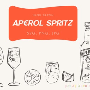 Aperol Spritz handgezeichnetes Illustrations-Set | Prosecco Cocktail Befestigungen Zeichnungen | Aperol Spritz Cocktails Bar Menü Skizze Clipart
