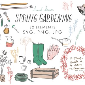 Imágenes prediseñadas de jardinería dibujadas a mano / Imágenes prediseñadas de primavera SVG / Imágenes prediseñadas de agricultura PNG / Pegatina imprimible