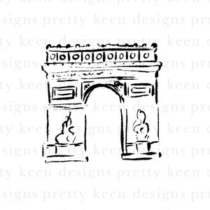 May include: A black and white line drawing of the Arc de Triomphe in Paris, France.