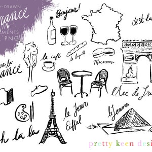 Clipart de férias na França SVG | Scrapbooking digital preto e branco desenhado à mão | Adesivo para impressão de férias na França