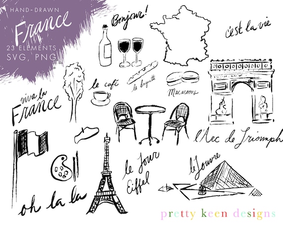 France Vacation Clipart: Hand-Drawn French Holiday Stickers (SVG, PNG, JPG)