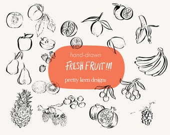Fruit Clipart Set | Whimsical Hand Drawn Fruit Graphics | Lemon, Orange & Pear Illustrations SVG PNG JPG
