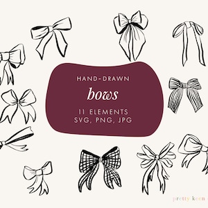 Dessins d'arc fantaisistes | Arcs dessinés à la main SVG | Clipart vectoriel de noeud papillon | Illustrations de noeuds en couleur et noir et blanc PNG JPG