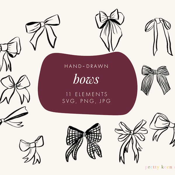 Decorative Bow Drawings | Hand drawn Bows SVG | Vector Bow Clip Art | Bow Illustrations in Color and Black and White PNG JPG