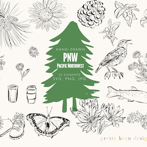 May include: A set of 32 hand-drawn black and white illustrations of Pacific Northwest nature elements. The illustrations include a pine tree, a bird, a fish, a butterfly, flowers, and a coffee cup. The text "HAND-DRAWN PNW PACIFIC NORTHWEST 32 ELEMENTS SVG, PNG, JPG" is written on a green pine tree. The text "pretty keen designs" is written in rainbow colors at the bottom of the image.