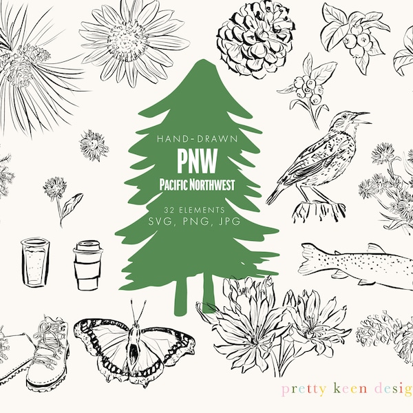 Pacific Northwest Illustrations: Mountain Nature Clipart Set in PNG, SVG, and JPG Formats | Hand-Drawn Brush Pen Black and White