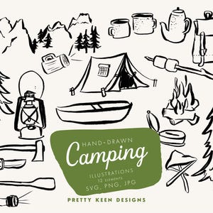 Ensemble d'icônes de camp fantaisistes dessinées à la main aux formats PNG, SVG et JPG | Feu de camp Fun Brush Pen noir et blanc