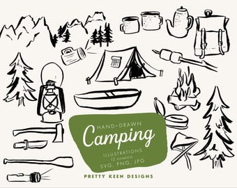 Camping Clipart Set | Hand Drawn Camping Icons | Outdoor Adventure SVG PNG JPG | Tent, Campfire, Canoe, Mountain Graphics