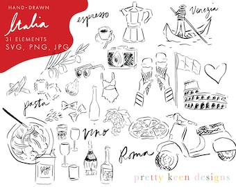 May include: Black and white hand-drawn illustrations of Italian culture, including a gondola, pasta, wine, espresso, a Vespa scooter, and the Colosseum. The text "Italia" is written in a handwritten font.