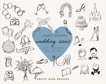 Hand-Drawn Whimsical Wedding Icons Illustrations SVG | Brush Pen Wedding Timeline Clip Art | Black and White Wedding Couple JPG