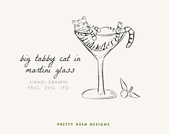 Whimsical Tabby Cat Martini Glass Illustration: Wedding Icons SVG, PNG, JPG (Digital Download)