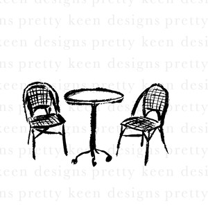 May include: A black and white sketch of a small table and two chairs. The table has a round top and a single pedestal base. The chairs have a woven back and seat.