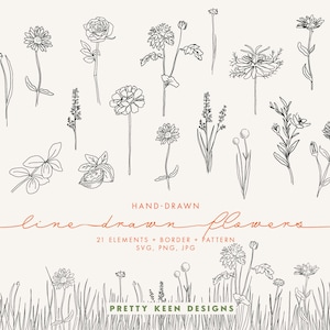 May include: A collection of hand-drawn line art flowers in black on a cream background. The image includes various floral elements, grass, and text that reads "Hand-Drawn Line Drawn Flowers" and "Pretty Keen Designs".