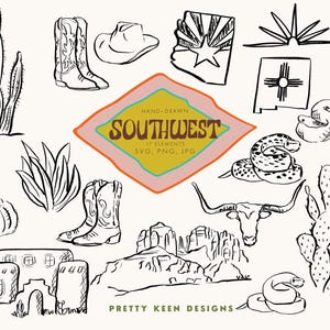 Clipart do deserto do sudoeste | Ilustrações desenhadas à mão | Botas de cowboy, cactos e muito mais | PNG, JPG, SVG
