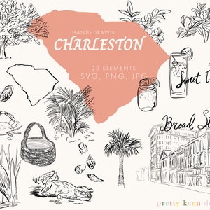 Ilustraciones de Charleston dibujadas a mano: imágenes prediseñadas de Carolina del Sur en formatos PNG, SVG y JPG / Ilustraciones dibujadas a mano con pincel en blanco y negro