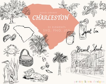 Charleston Hand-Drawn Illustrations: South Carolina Clipart Set in PNG, SVG, and JPG Formats | Hand-Drawn Brush Pen Black and White