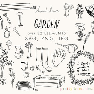 Clip Art de jardinagem desenhado à mão | Clip Art de primavera SVG | Agricultura PNG | Adesivo para impressão
