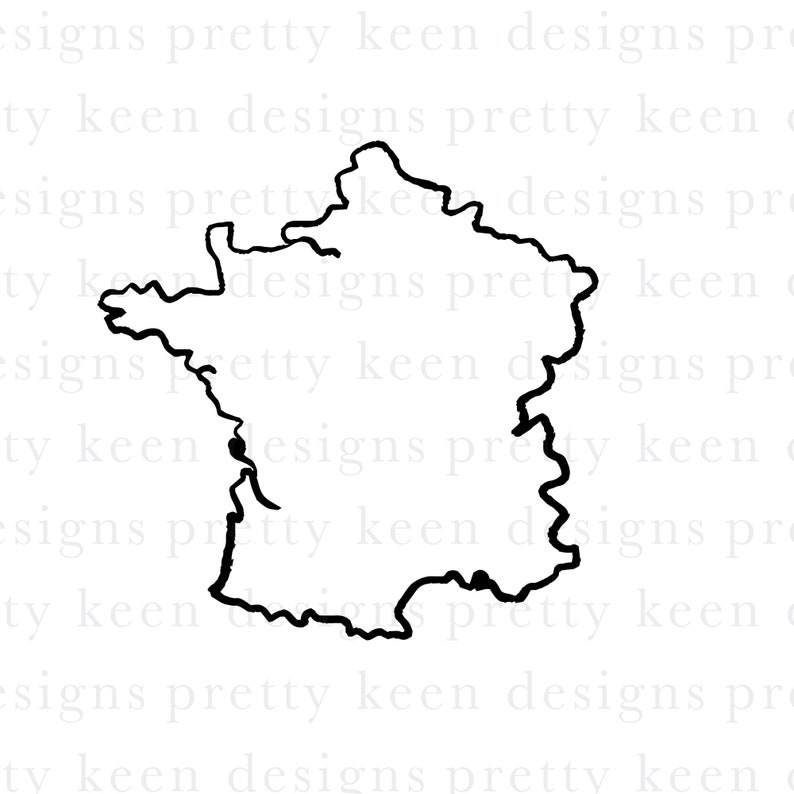 May include: A black and white outline of France on a white background.