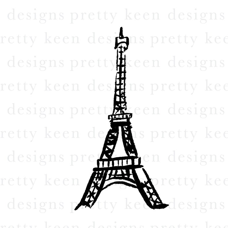 May include: A black and white line drawing of the Eiffel Tower. The drawing is simple and stylized.