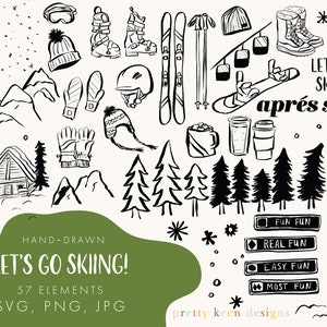 Let's Go Ski Clipart | Ilustrações de esqui de montanha com caneta pincel desenhadas à mão | Arte de esqui e snowboard em preto e branco