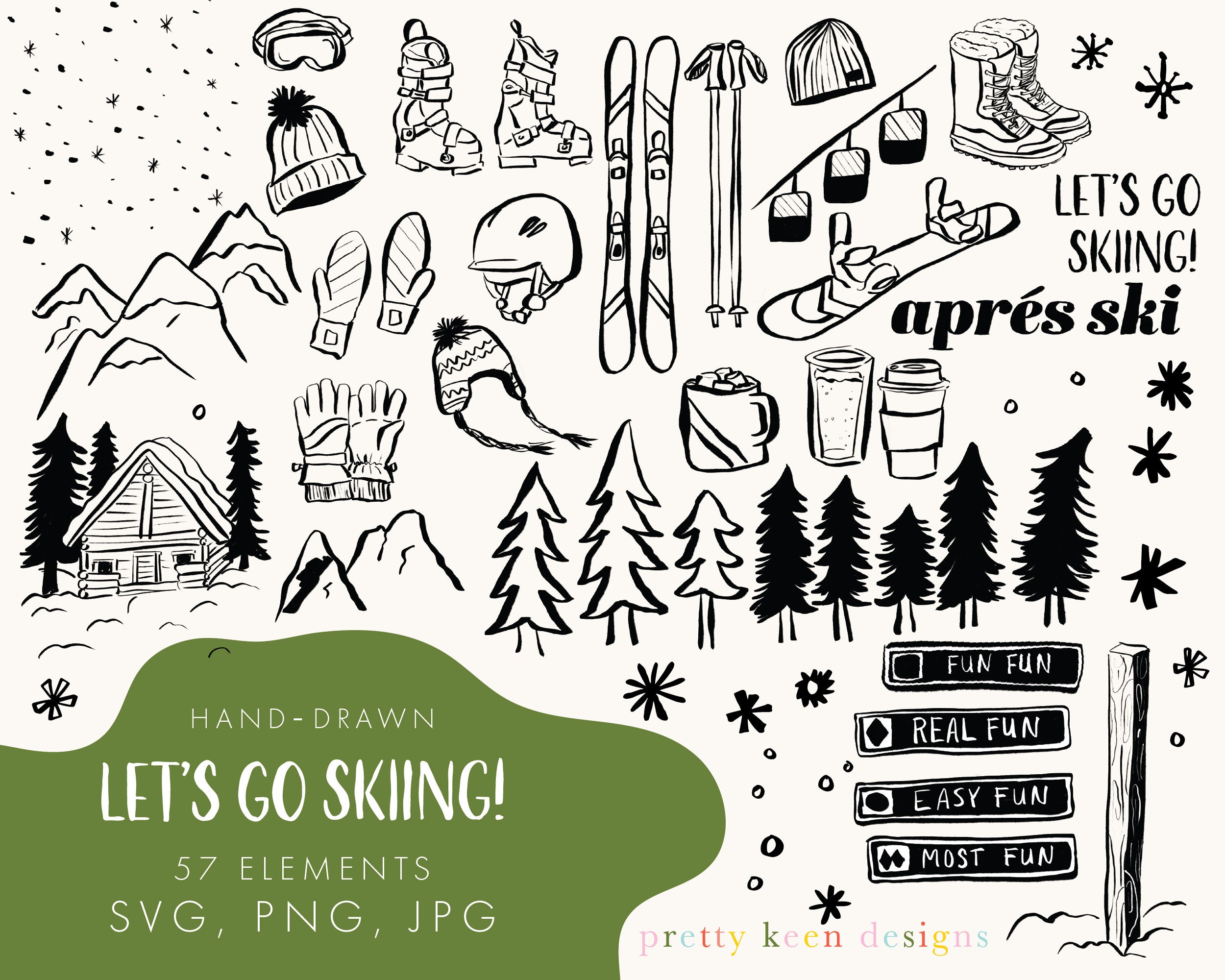 Let's Go Ski Clipart | Hand-drawn Brush Pen Mountain Skiing Illustrations | Black and White Ski and Snowboard Art