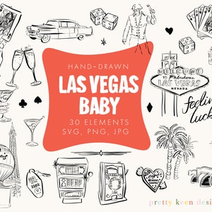 Zestaw Vintage Las Vegas Clip Art | Rysowane ręcznie czarno-białe ikony kasyna w stylu retro | Nostalgiczny znak powitalny, automaty do gry