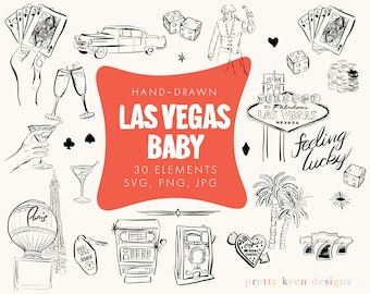 Vintage Las Vegas Clip Art Set | Hand-Drawn Black and White Retro-Style Casino Icons | Nostalgic Welcome Sign, Slot Machines