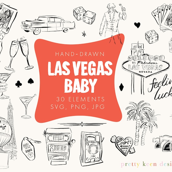 Vintage Las Vegas-clipartset | Handgetekende zwart-witte casinopictogrammen in retrostijl | Nostalgisch welkomstbord, speelautomaten