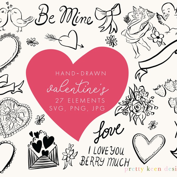 Valentine's Day Hand-Drawn Clip Art Set | Original Vintage-inspired Love Elements Graphics in PNG, SVG, and JPG Formats