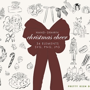 Illustraties kerstgejuich | Handgetekende vakantie SVG-bestanden | Vintage kerstillustraties | Kersttekeningen in kleur en zwart-wit