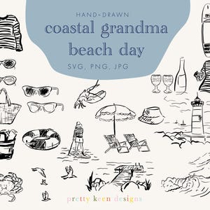 Kust handgetekende illustraties Beach Day: nautische vakantie clipart set in PNG-, SVG- en JPG-indelingen | Brushpen zwart-wit