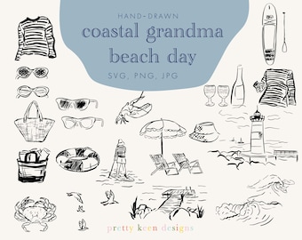 Conjunto de imágenes prediseñadas de día de playa: iconos de vacaciones náuticas dibujados a mano (PNG, SVG, JPG)