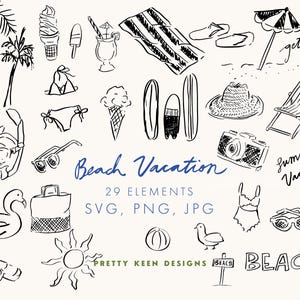 May include: Black and white line art illustrations of beach-themed items, including palm trees, ice cream, a swimsuit, sunglasses, surfboards, a camera, and a beach umbrella. Text includes "Beach Vacation" and "Summer Vacation".