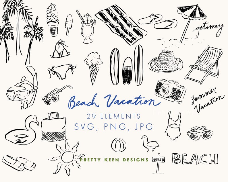 May include: Black and white line art illustrations of beach-themed items, including palm trees, ice cream, a swimsuit, sunglasses, surfboards, a camera, and a beach umbrella. Text includes "Beach Vacation" and "Summer Vacation".