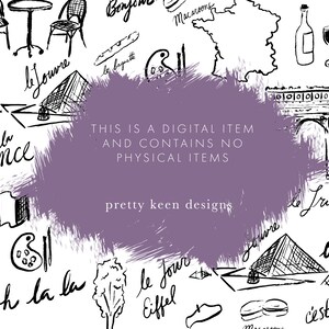 May include: Black and white hand-drawn illustrations of Parisian landmarks, food, and phrases. The illustrations include the Eiffel Tower, the Arc de Triomphe, a baguette, a cafe, wine glasses, and the phrase "oh la la".