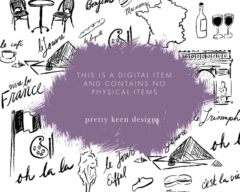 May include: Black and white hand-drawn illustrations of Parisian landmarks, food, and phrases. The illustrations include the Eiffel Tower, the Arc de Triomphe, a baguette, a cafe, wine glasses, and the phrase "oh la la".