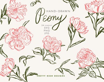 Clipart handgetekende pioenrozen: roze en groene bloemenillustraties (digitale download)