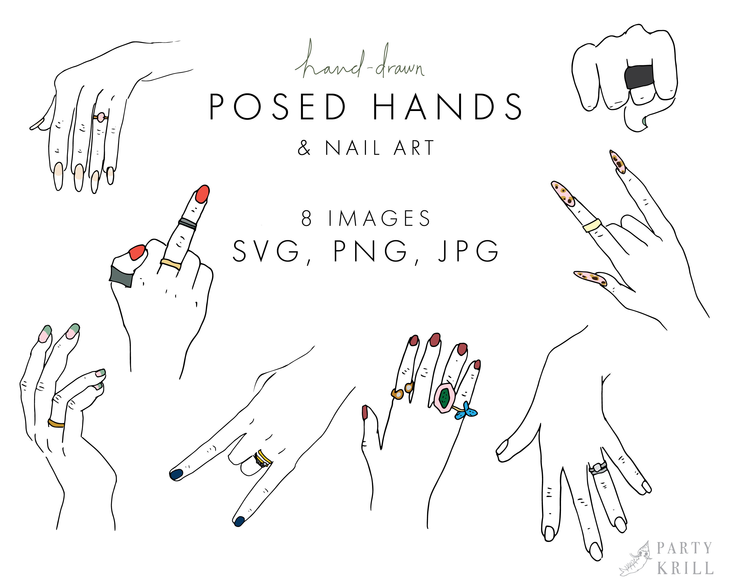 Nail Art and Hand Poses Clip Art Printable Stickers | Etsy