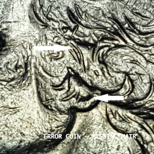 May include: Close-up of a silver coin featuring a woman's portrait. The coin has an error, with some of the woman's hair missing. The text "ERROR COIN - MISSING HAIR" is visible at the bottom of the image.