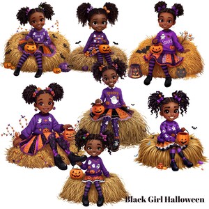 May include: A collection of illustrations featuring Black girls dressed in Halloween costumes. Each girl is wearing a purple sweater with a ghost graphic, an orange and black skirt, and striped leggings. They are holding jack-o'-lanterns and sitting on hay bales.