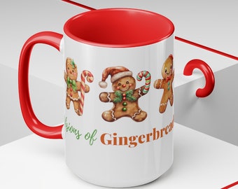 Gingerbread mug, Visions of Gingerbread Large Coffee mug, Hot Cocoa mug, Christmas gift, Secret Santa, Two-Toned Red/White 15 oz. Big mug