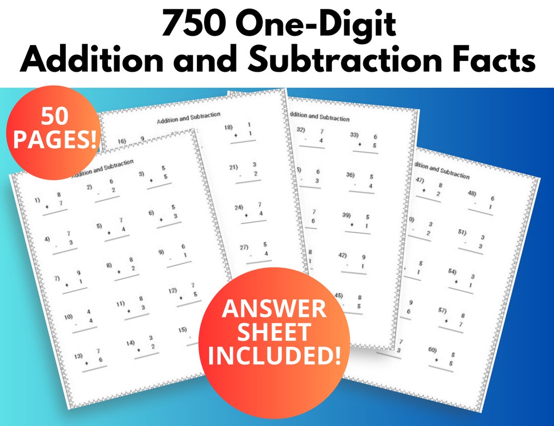 750 One-digit Addition and Subtraction Facts W/ Answer Key, 50 Pgs. - Etsy