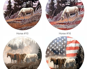 May include: Four circular images depicting horses in a woodland scene. The top left image features a white horse grazing in a forest with a pink and purple sky. The top right image shows a white horse grazing in a forest with an American flag in the background. The bottom left image shows three horses grazing in a forest with a mountain in the background. The bottom right image shows three horses grazing in a forest with an American flag in the background.