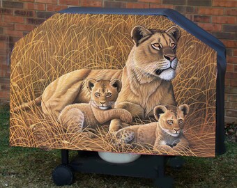 Kettle African Lioness with Cubs BBQ Grill cover custom fit for your Grill or Smoker and provides all weather protection