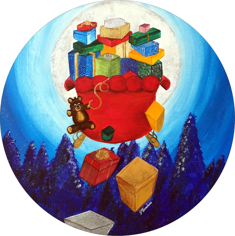 May include: A red sleigh filled with wrapped presents is flying through the air, pulled by a teddy bear. The sleigh is surrounded by a blue sky with a full moon and a snowy forest in the background.