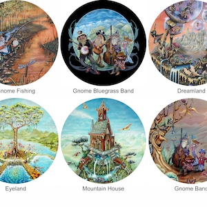 May include: Six circular paintings depicting whimsical scenes with gnomes, a tree, a house, and a dreamland. The paintings are all in a similar style, with bright colors and detailed imagery.