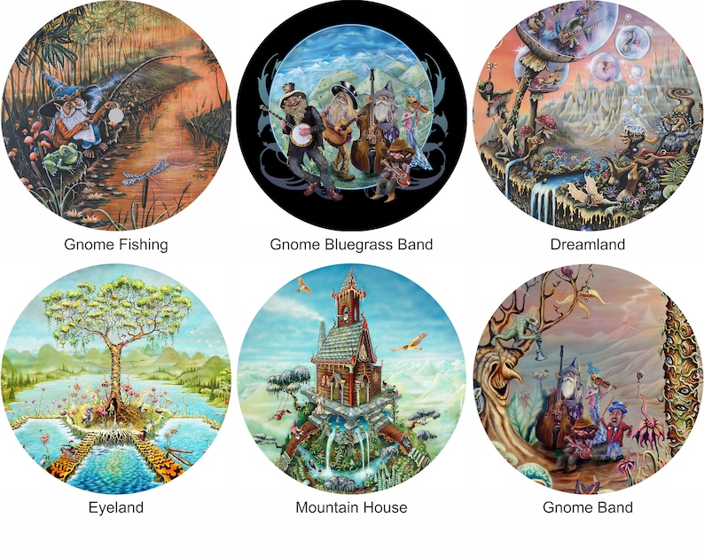 May include: Six circular paintings depicting whimsical scenes with gnomes, a tree, a house, and a dreamland. The paintings are all in a similar style, with bright colors and detailed imagery.